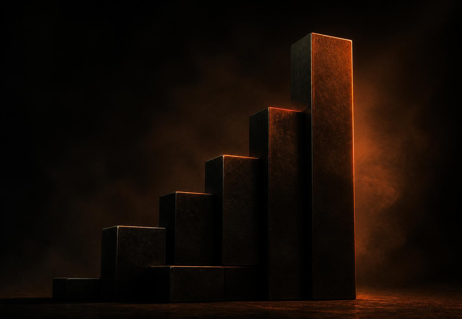 Dark sculptural blocks lit by orange light, rising like a growth curve